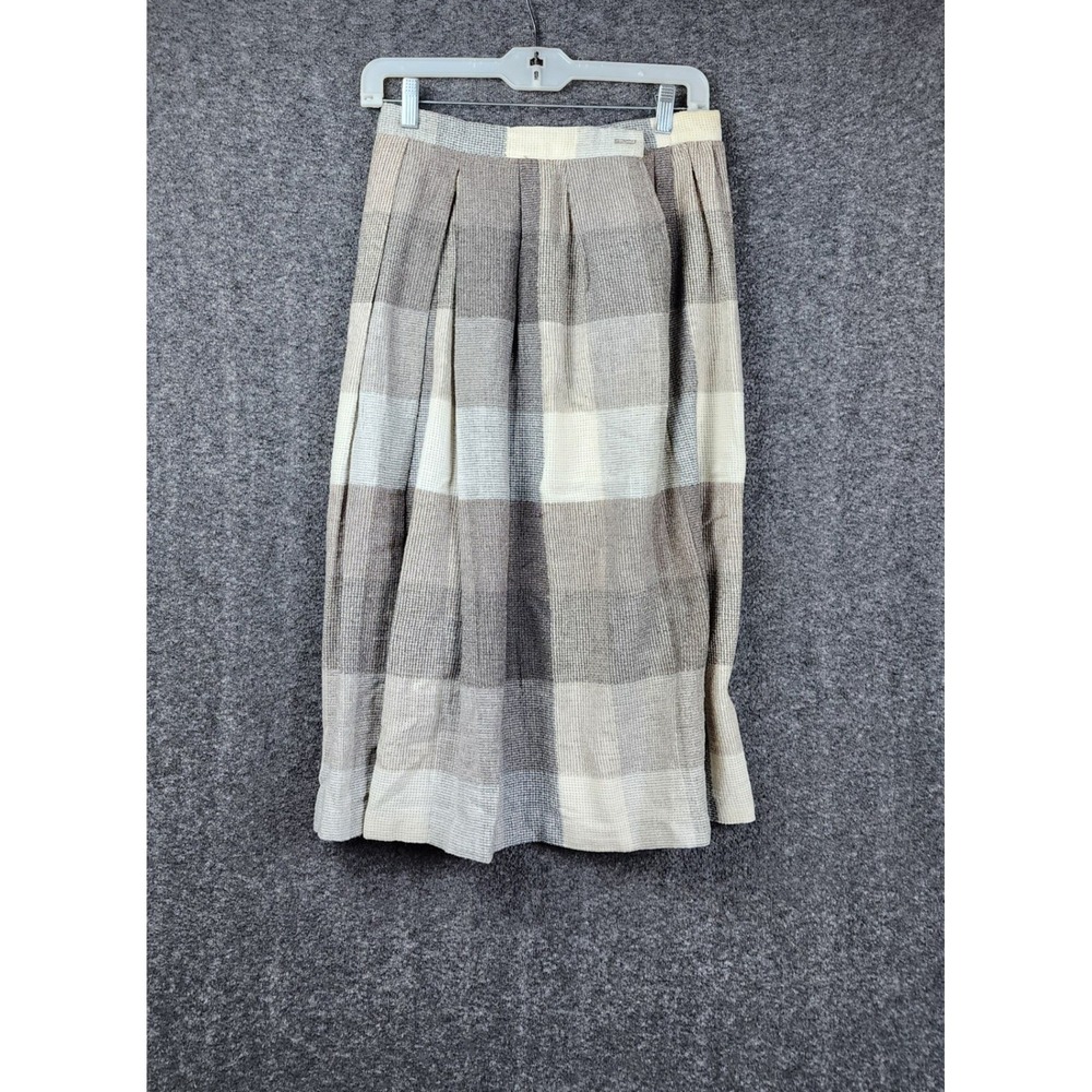 Smith & Jones Plaid Midi Skirt Womens 10 Brown Tan Pleated Vintage Made in USA